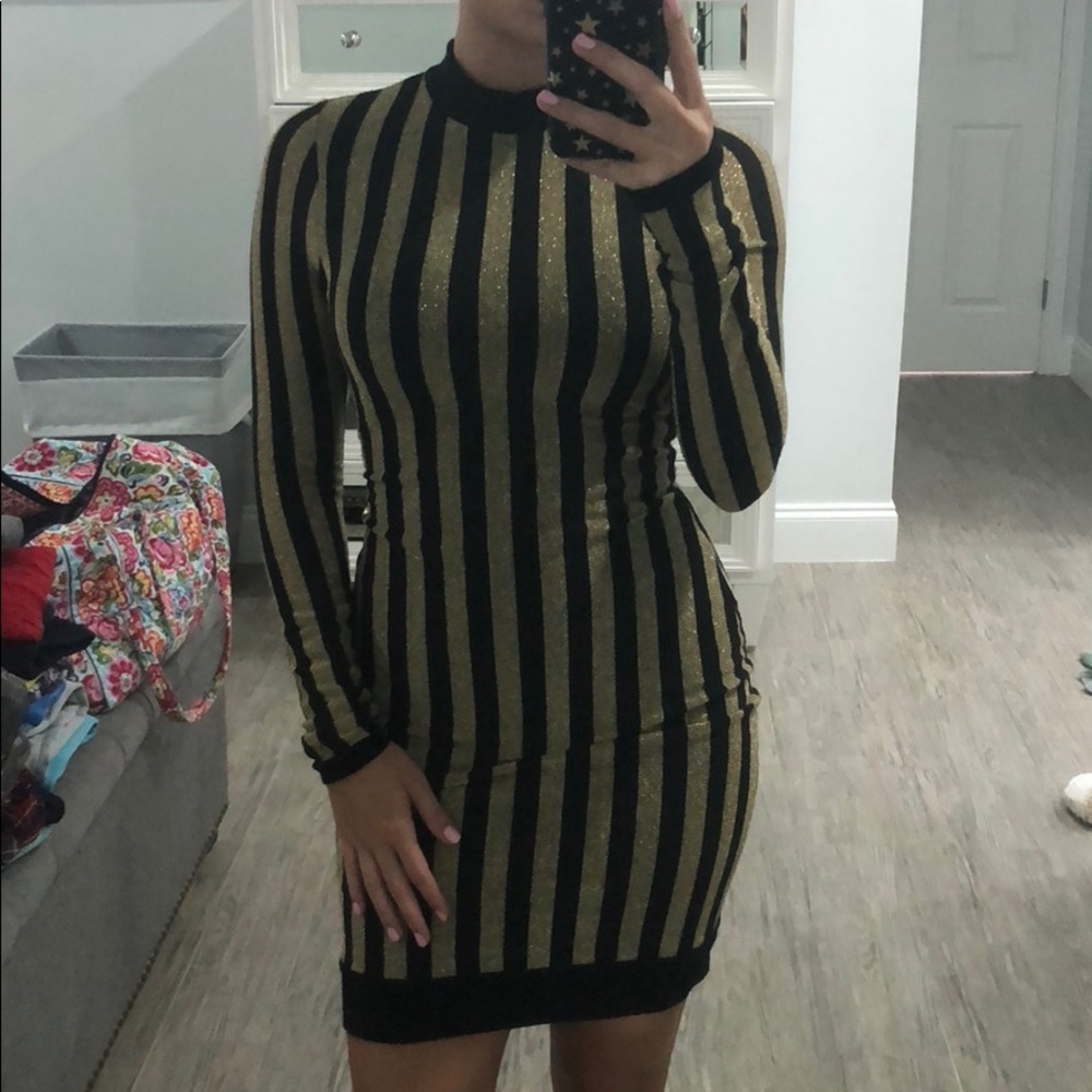 Long sleeve black & gold stripe dress